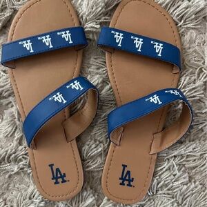 LA Dodgers Blue and Tan Double Strap Slide Sandals